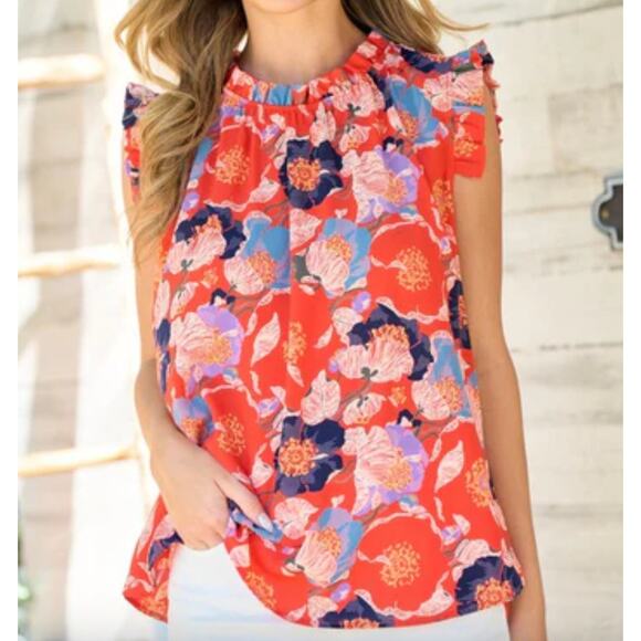 Hailey & Co Women's Floral Print Ruffle Neck Blouse Sleeveless Red Multi Size S - Picture 1 of 10